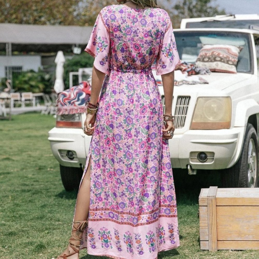 Floral Trumpet Sleeve Split Thigh Drawstring Waist Maxi Dress - Picture 6 of 9